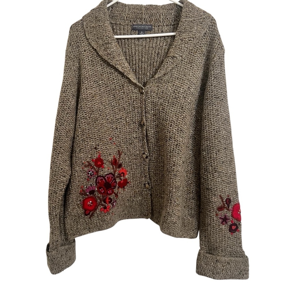 Northern isles vintage Brown wool Cardigan Sweater Red Floral Embroidered boho